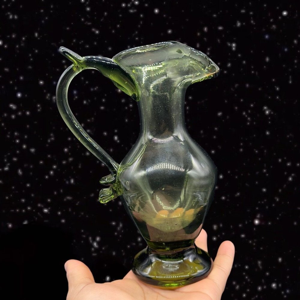 Olive Green Hand Made Art Glass Pitcher Carafe Hand Blown Glass with Handle 8”T